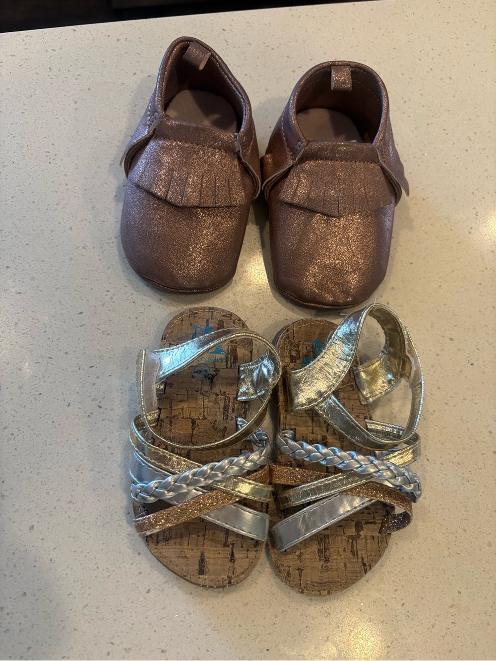 Kids Metallic Rose (Bronze) Moccasins and Metallic Gold Sandals Set